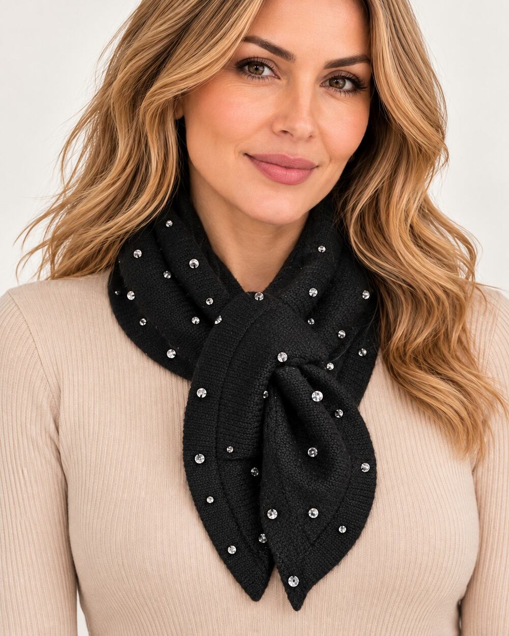 Jocelyn Knit Triangle Pull Through Scarf in Studded Black